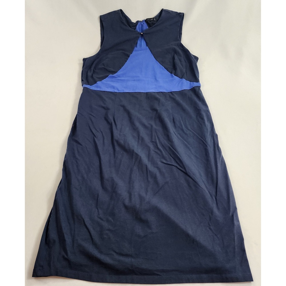 eShakti Womens 14W Navy Blue Cotton Spandex A-Line Midi Dress Sleeveless V-Neck